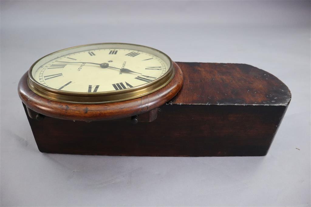 A 19th century mahogany drop dial railway wall clock, c.1840, height 20in.